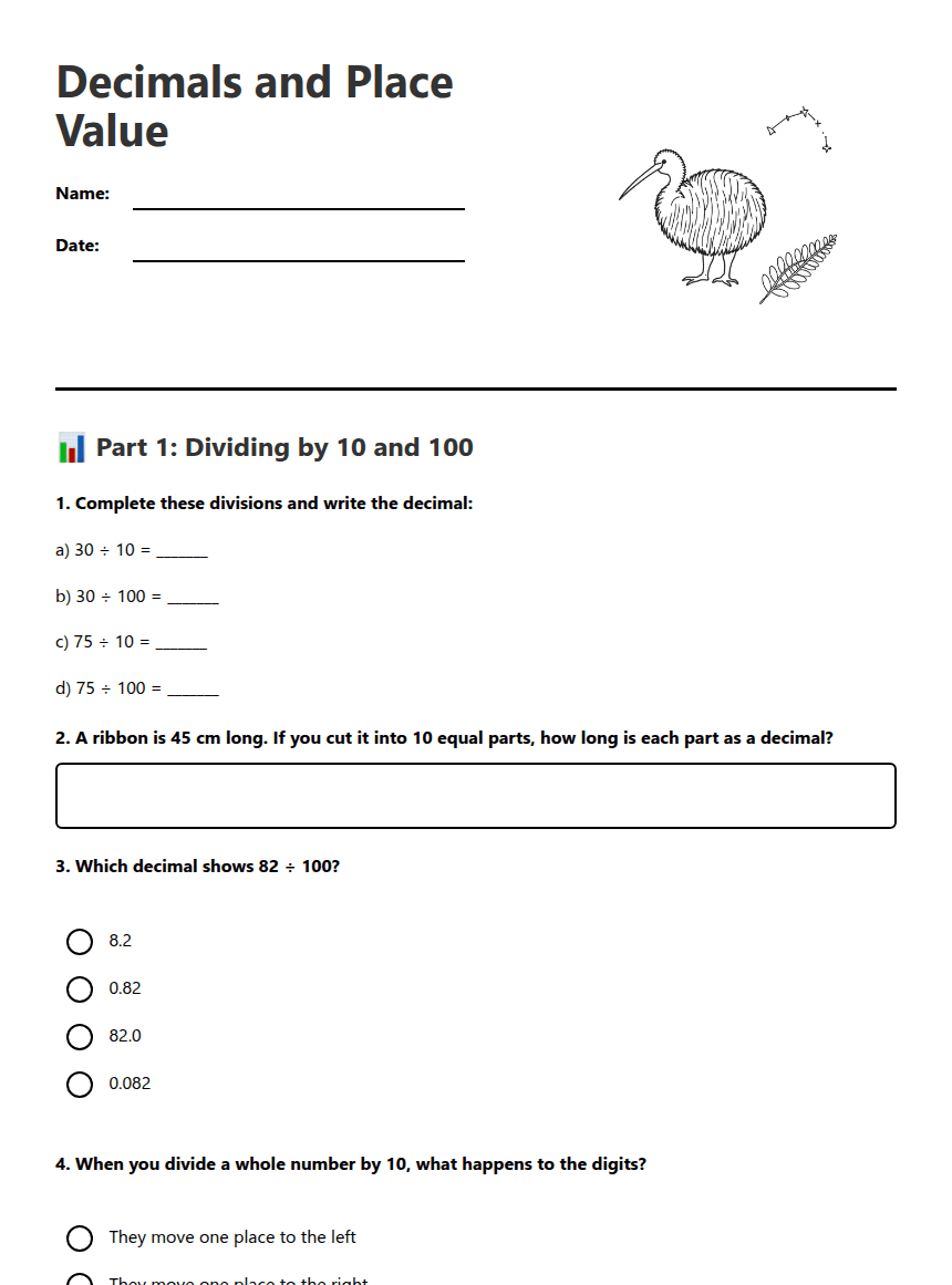 Decimals and Place Value worksheet preview
