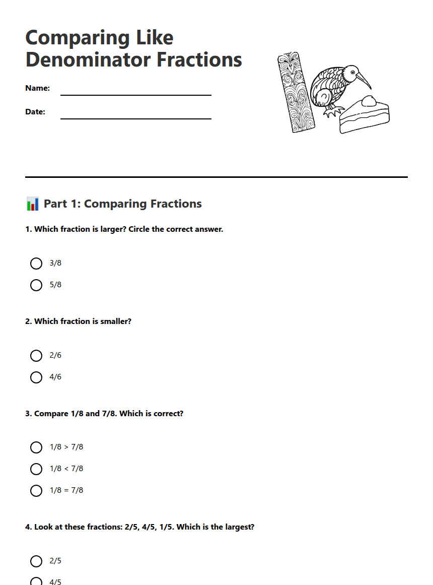 Comparing Like Denominator Fractions worksheet preview
