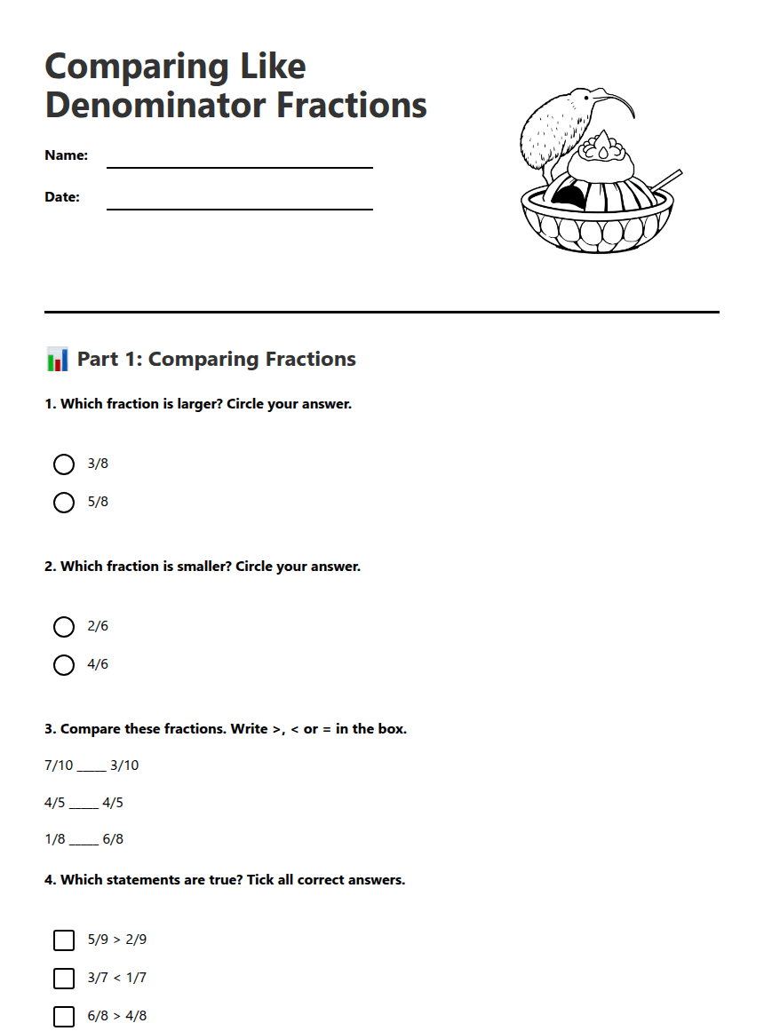 Comparing Like Denominator Fractions worksheet preview