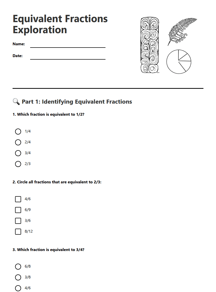 Equivalent Fractions Exploration worksheet preview