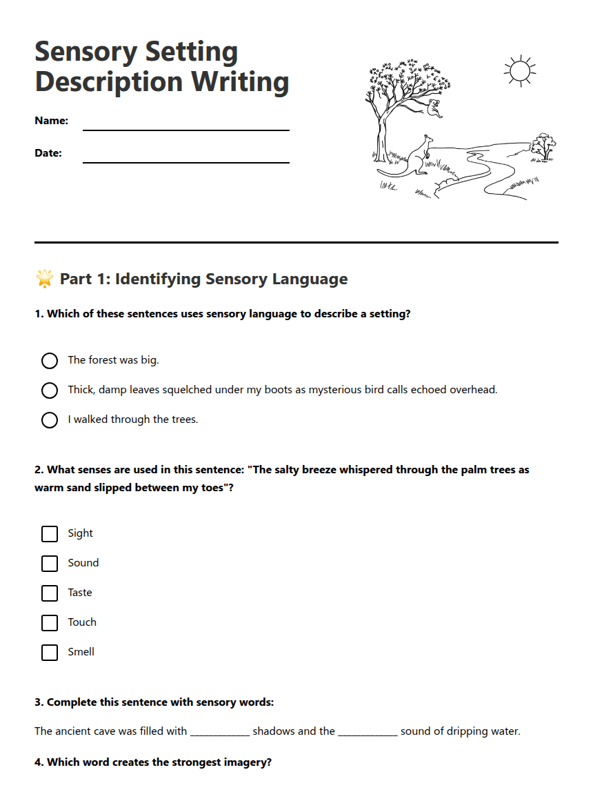 Sensory Setting Description Writing worksheet preview