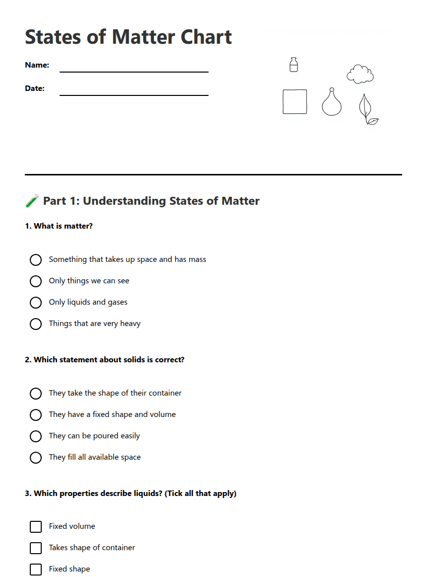 States of Matter Chart worksheet preview