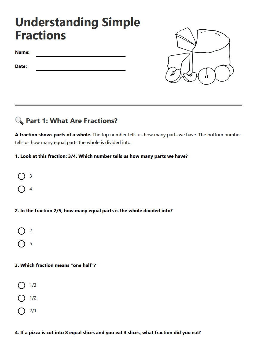 Understanding Simple Fractions worksheet preview
