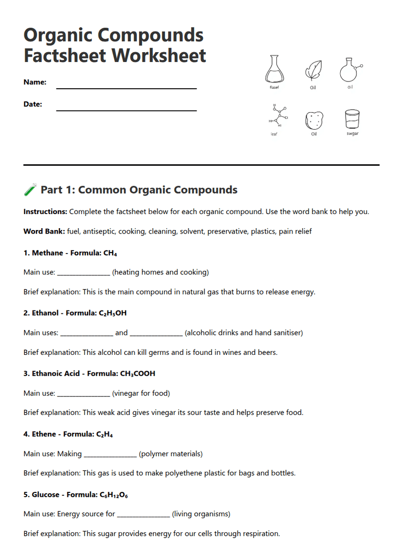 Organic Compounds Factsheet Worksheet