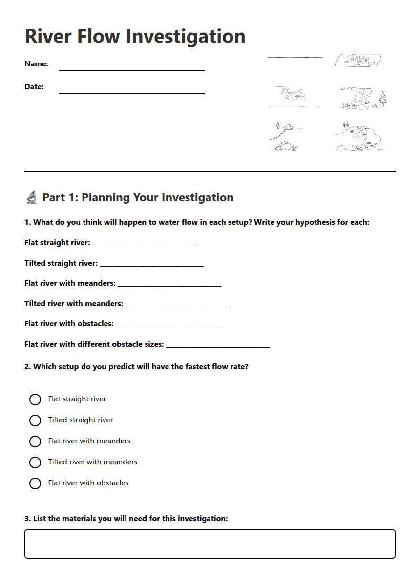 River Flow Investigation worksheet preview