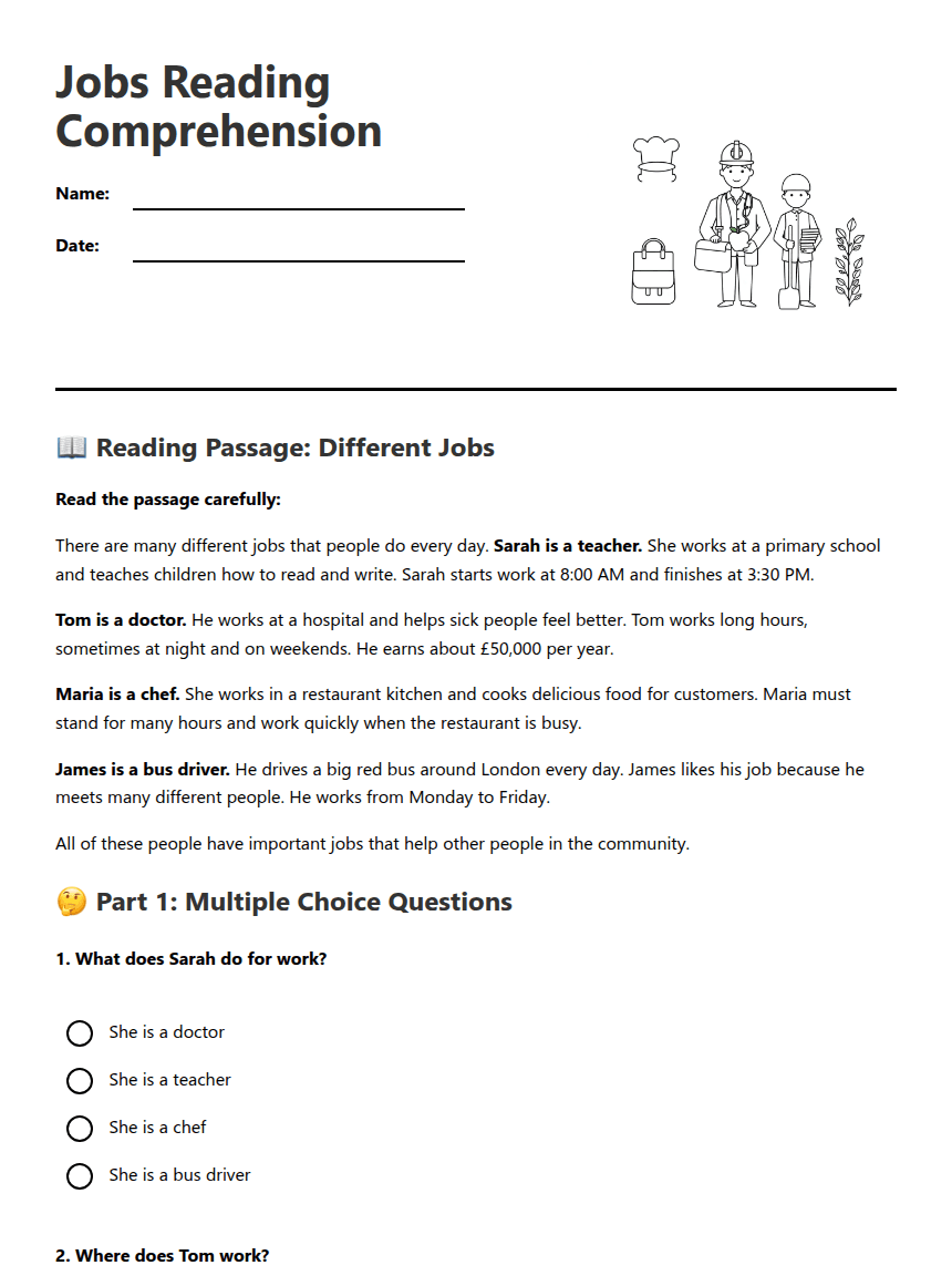 Jobs Reading Comprehension worksheet preview