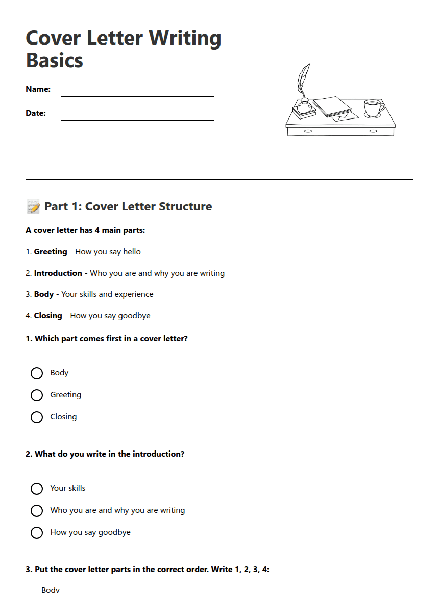Cover Letter Writing Basics worksheet preview