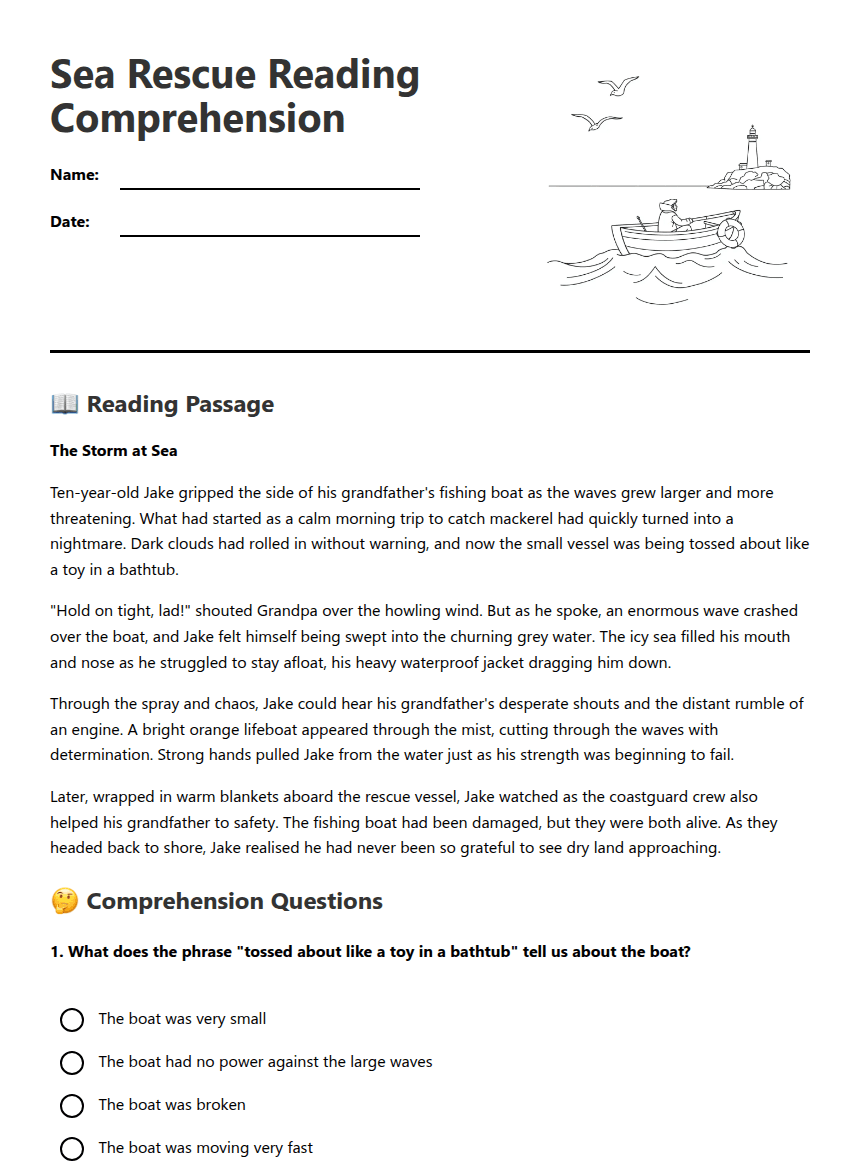 Sea Rescue Reading Comprehension worksheet preview