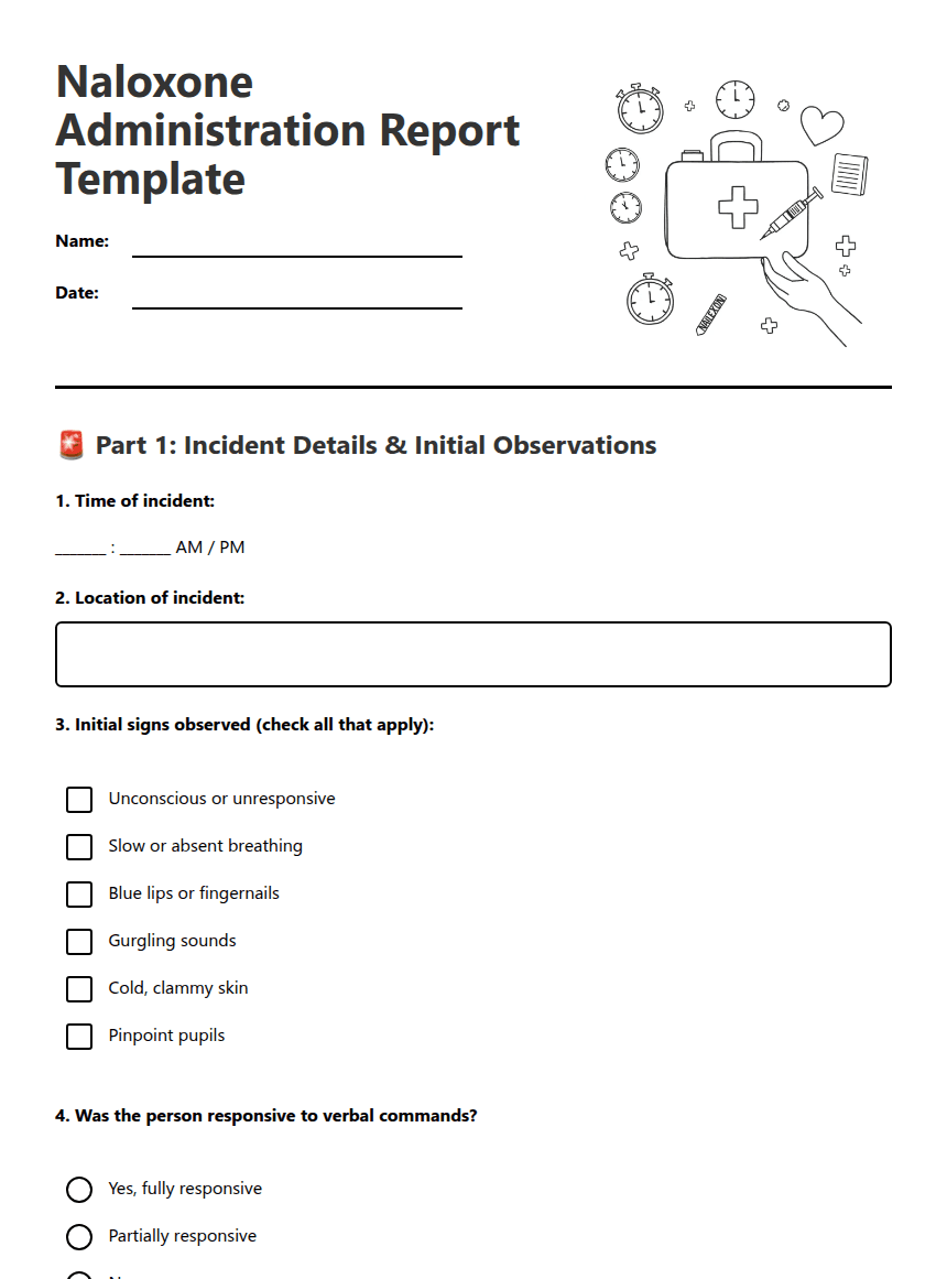 Naloxone Administration Report Template worksheet preview