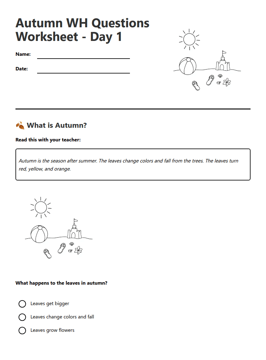 Autumn WH Questions Worksheet worksheet preview