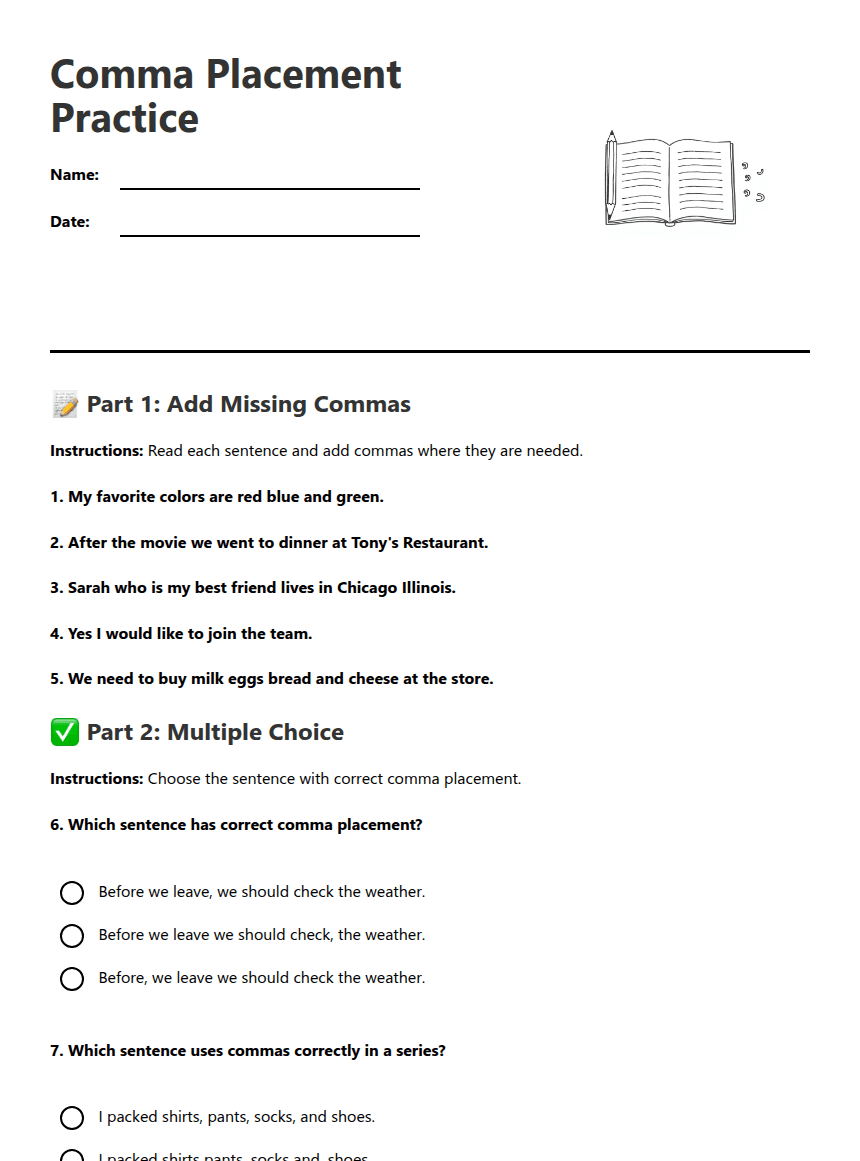Comma Placement Practice worksheet preview