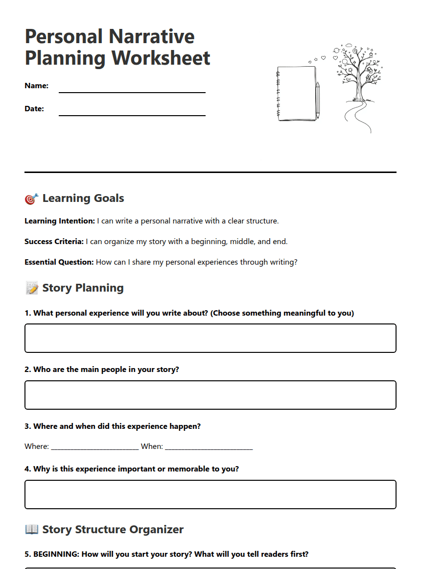 Personal Narrative Planning Worksheet worksheet preview