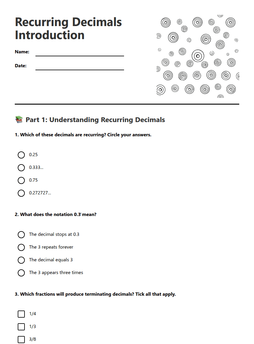 Recurring Decimals Introduction worksheet preview
