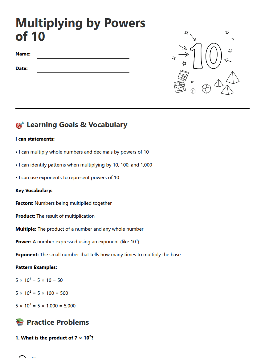 Multiplying by Powers of 10 worksheet preview