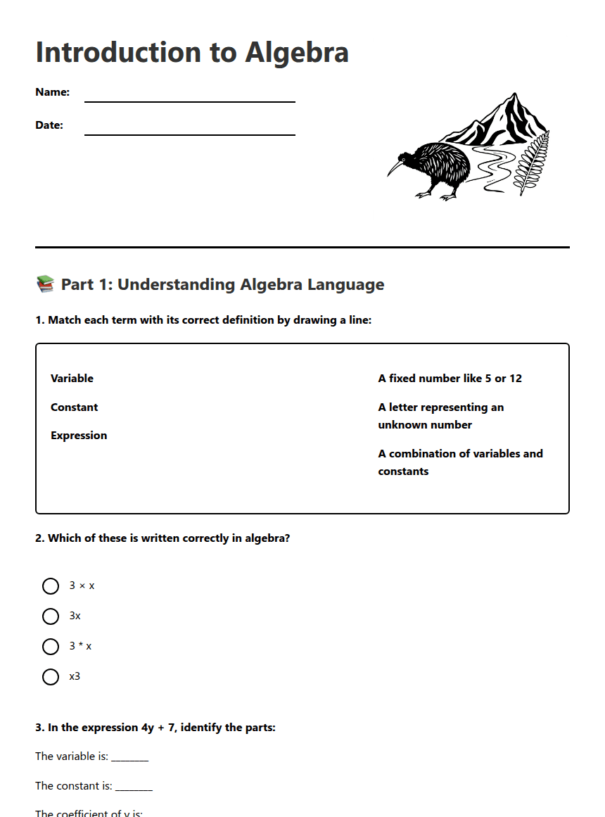 Introduction to Algebra worksheet preview