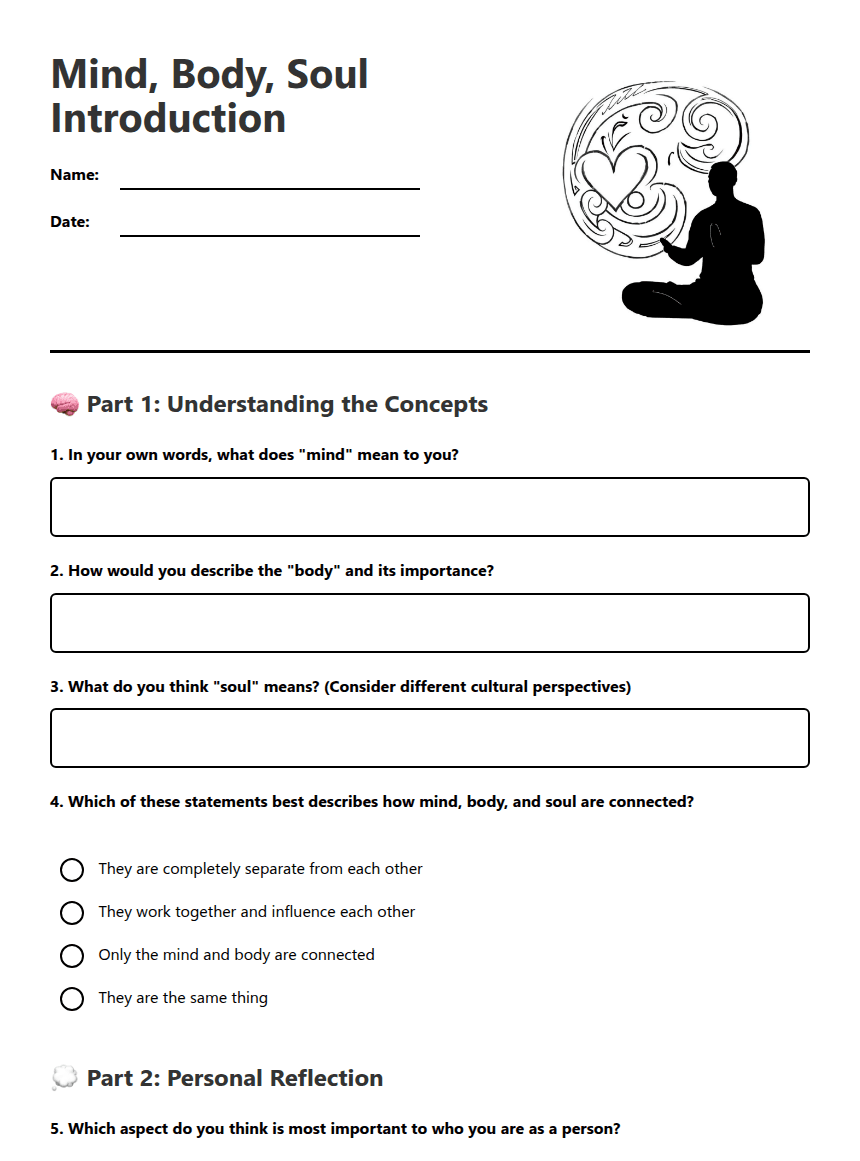 Mind, Body, Soul Introduction worksheet preview