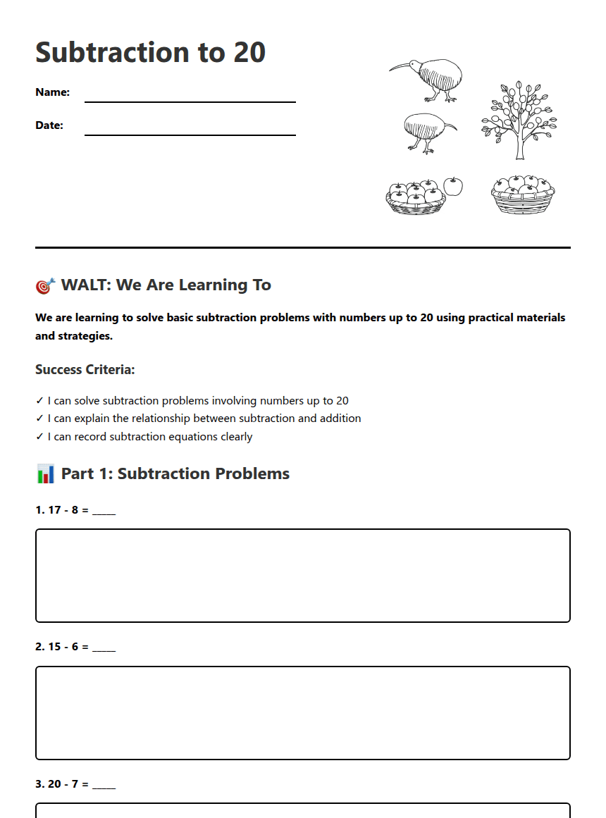 Subtraction to 20 worksheet preview