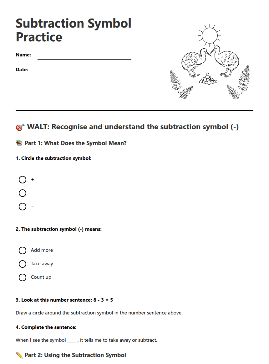 Subtraction Symbol Practice worksheet preview