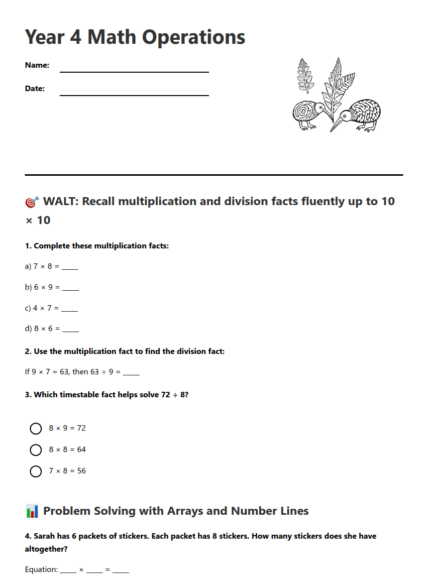 Year 4 Math Operations worksheet preview