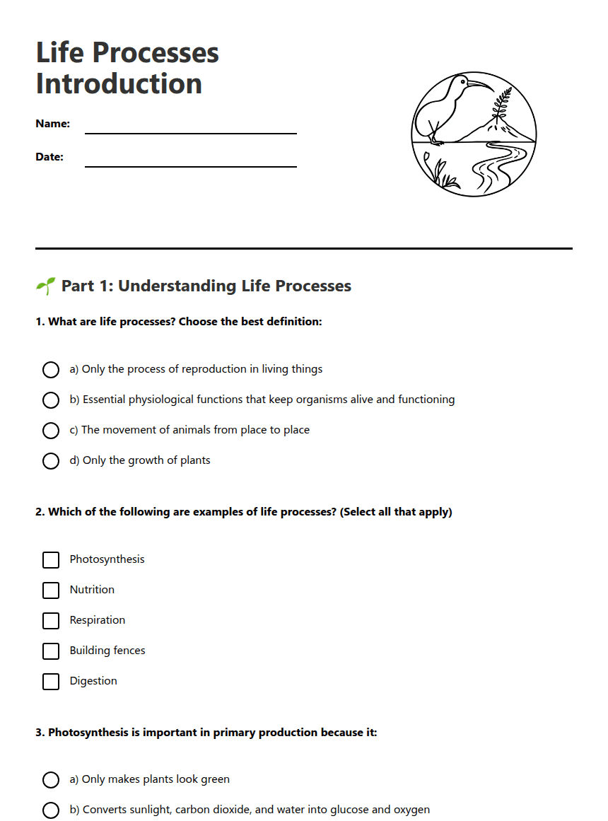 Life Processes Introduction worksheet preview