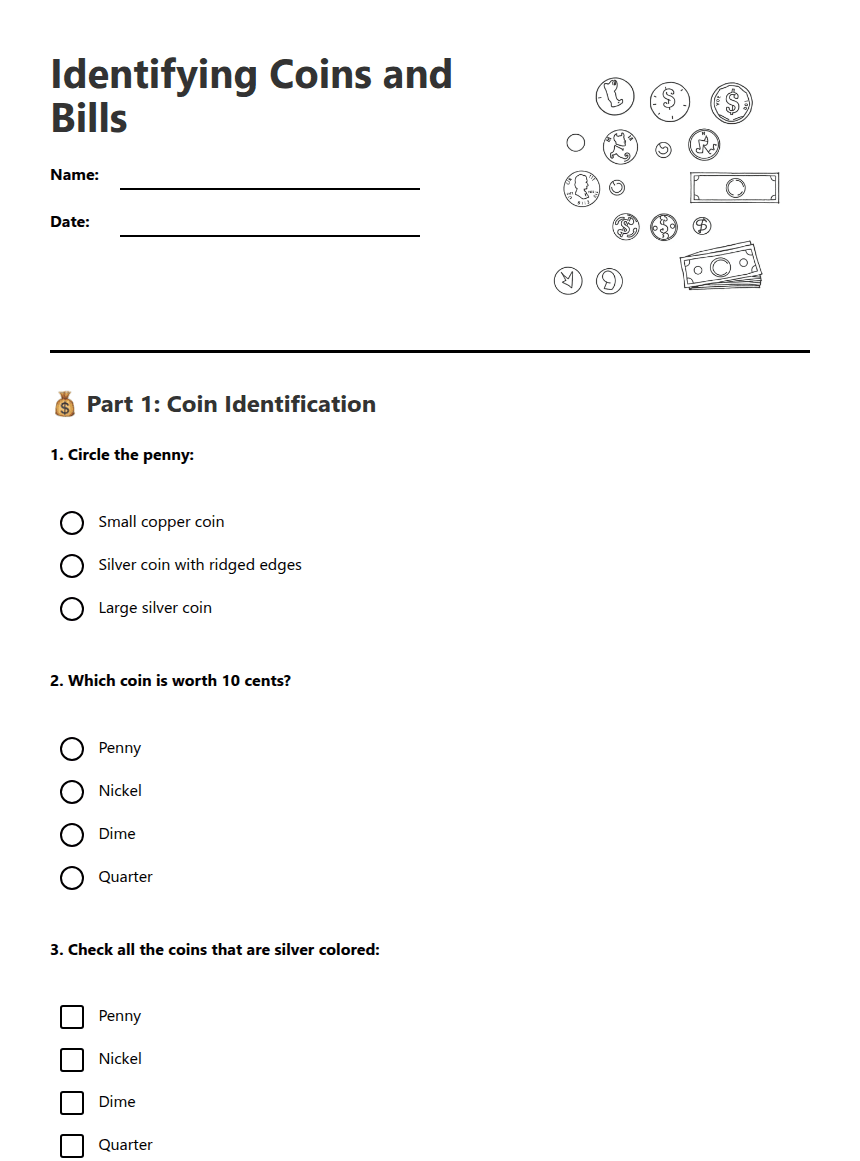Identifying Coins and Bills worksheet preview
