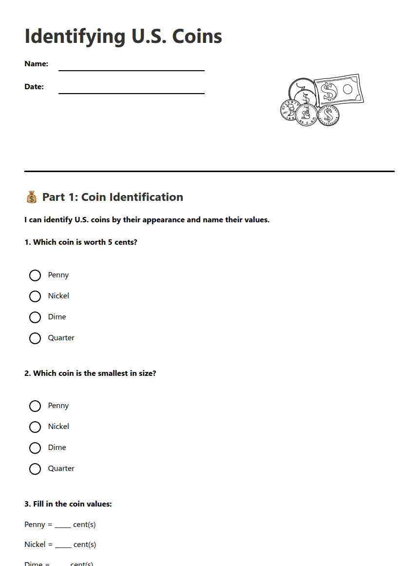 Identifying U.S. Coins worksheet preview