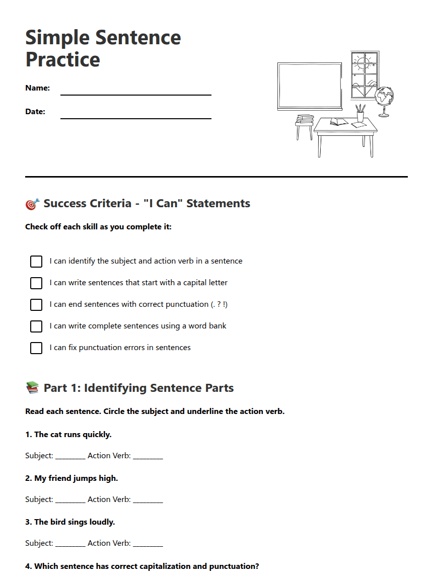 Simple Sentence Practice worksheet preview