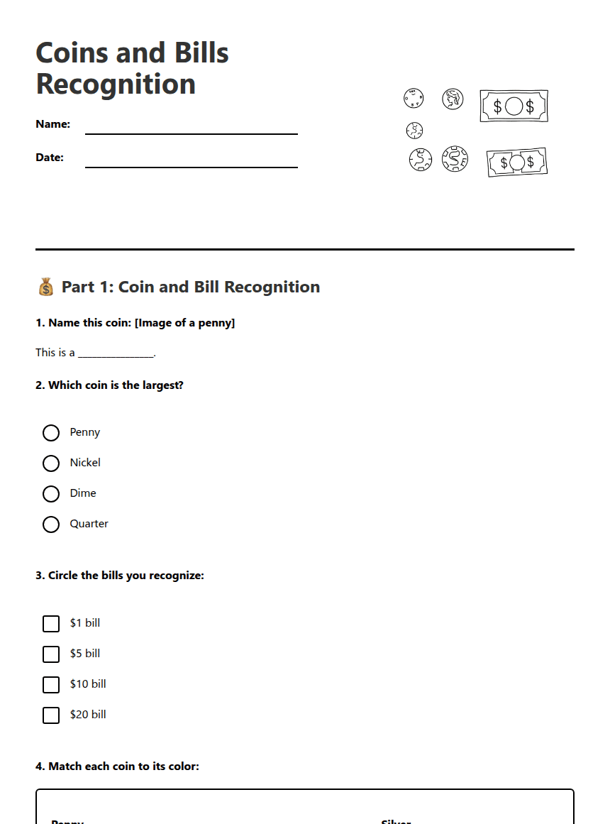 Coins and Bills Recognition worksheet preview