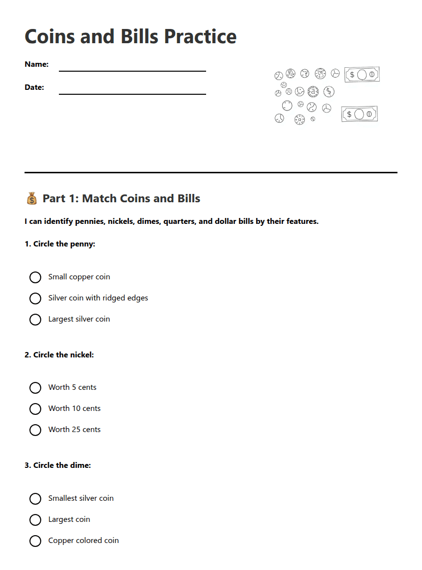 Coins and Bills Practice worksheet preview