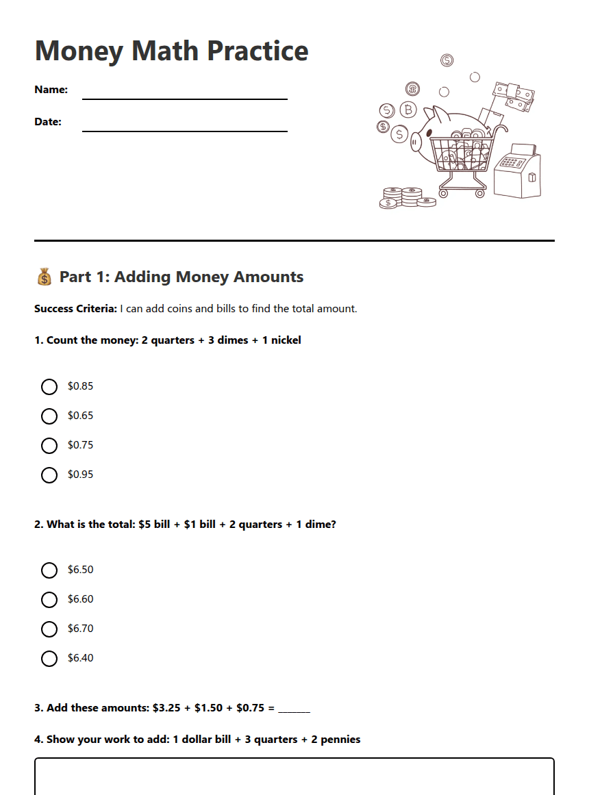 Money Math Practice worksheet preview