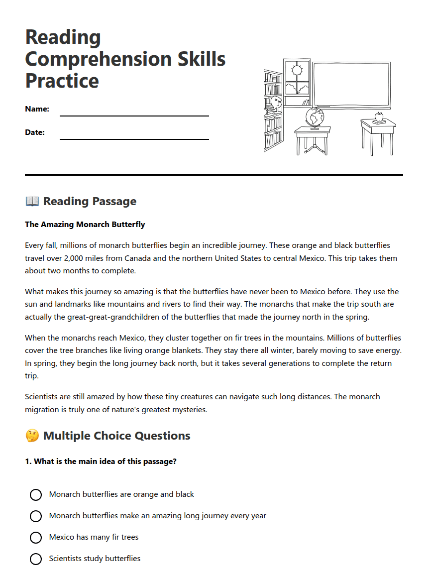 Reading Comprehension Skills Practice worksheet preview