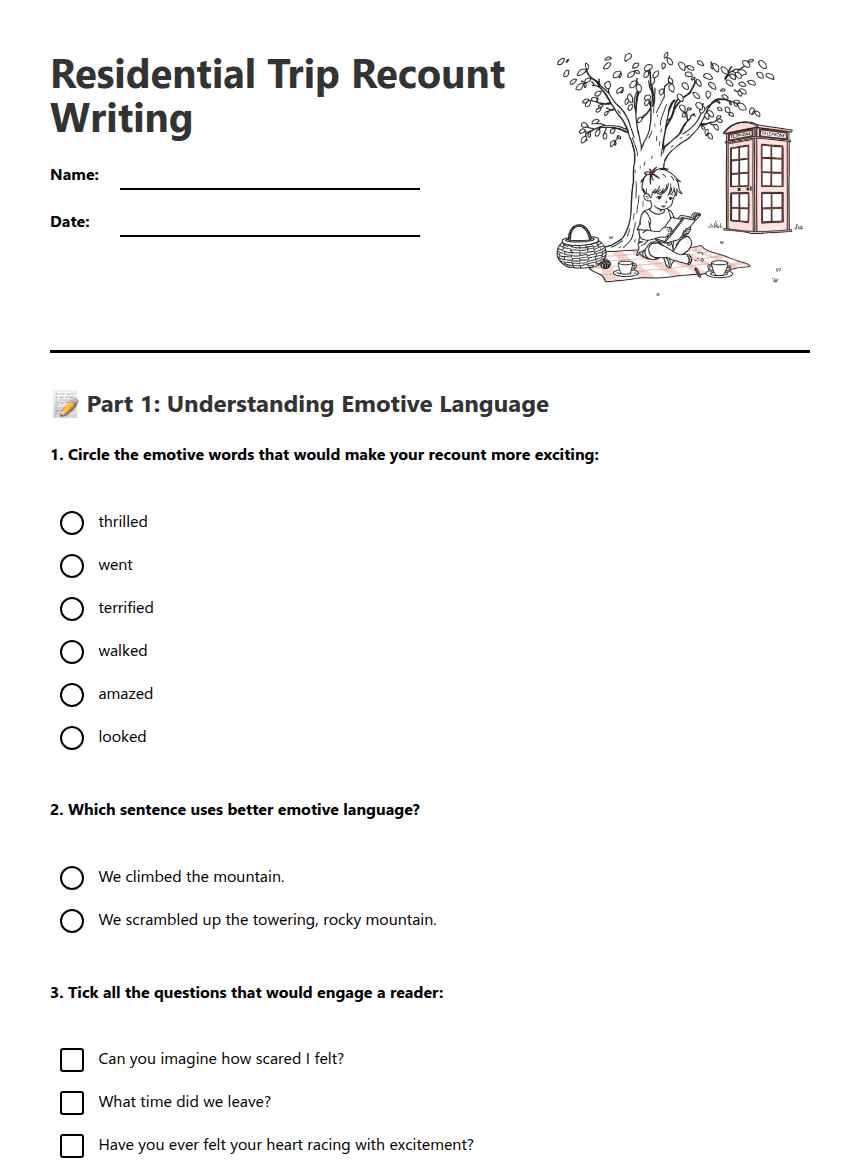 Residential Trip Recount Writing worksheet preview