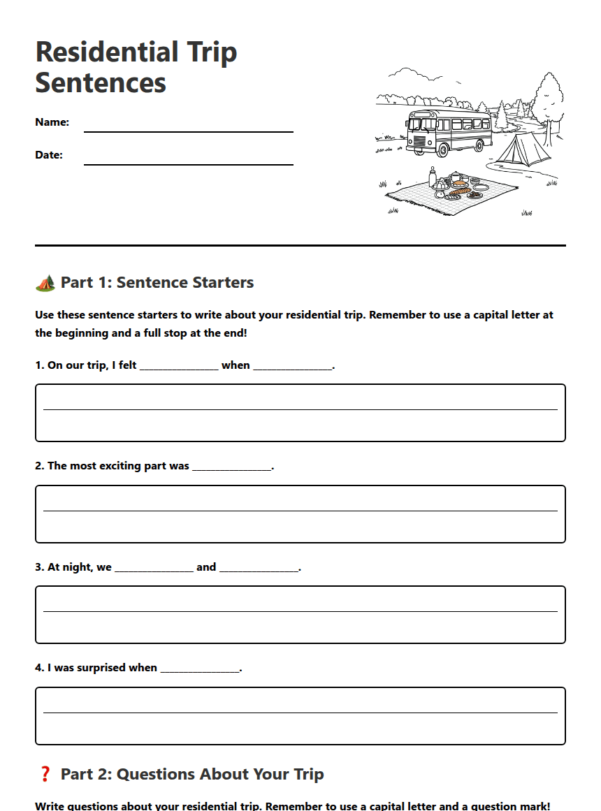 Residential Trip Sentences worksheet preview