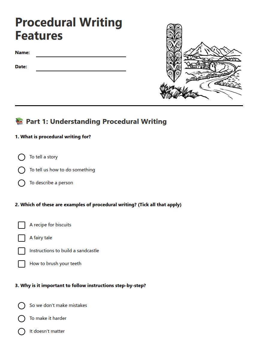 Procedural Writing Features worksheet preview