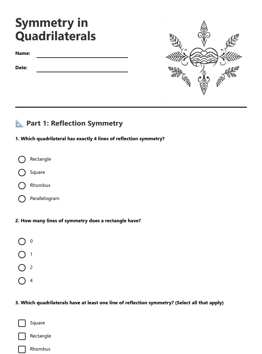 Symmetry in Quadrilaterals worksheet preview