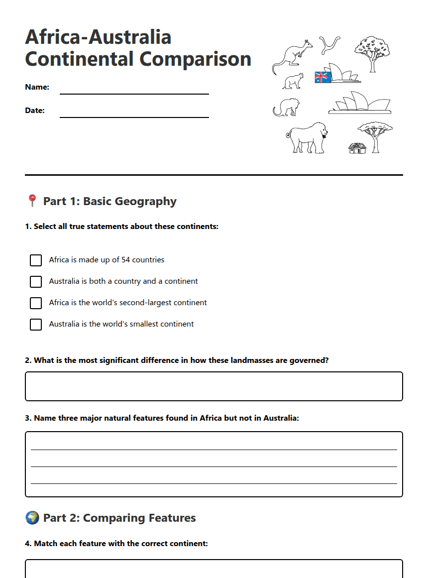 Africa-Australia Continental Comparison worksheet preview