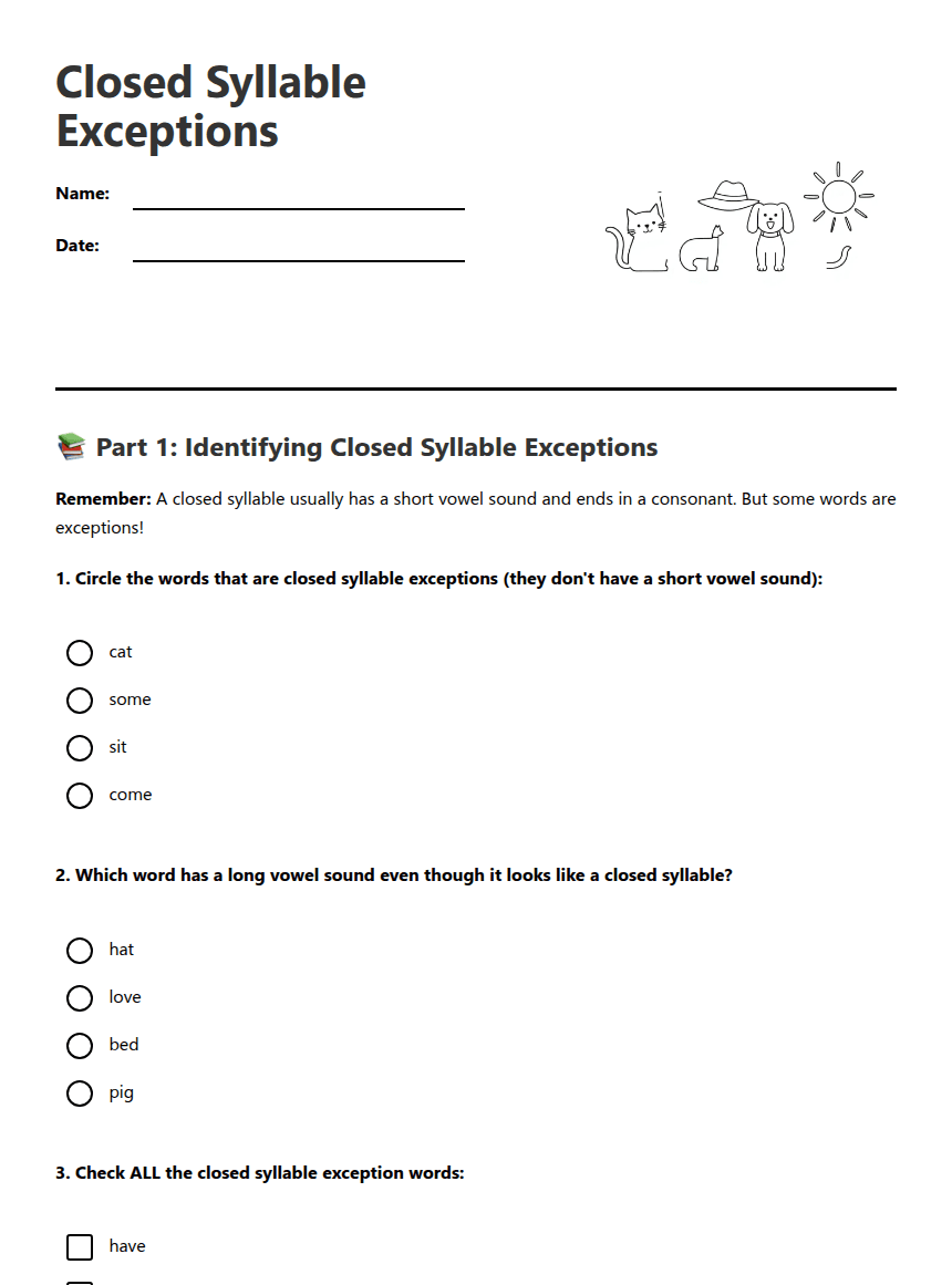 Closed Syllable Exceptions worksheet preview