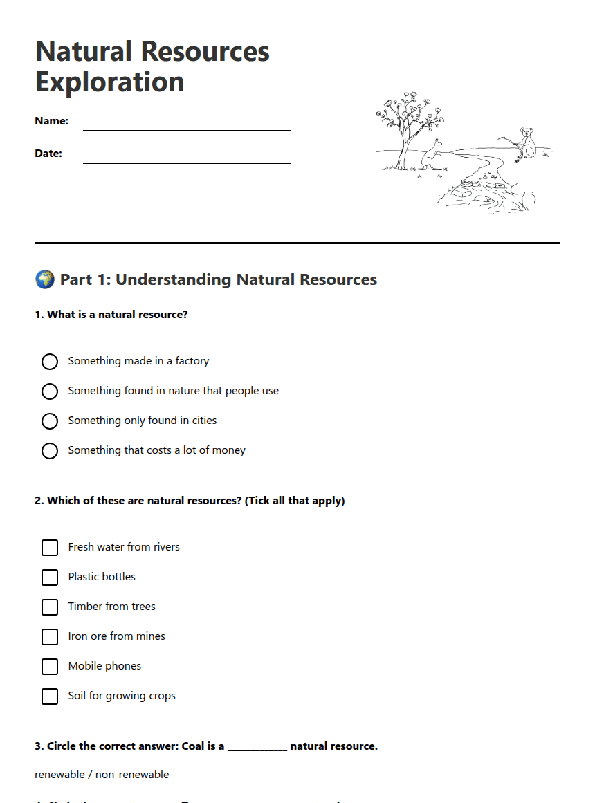 Natural Resources Exploration worksheet preview