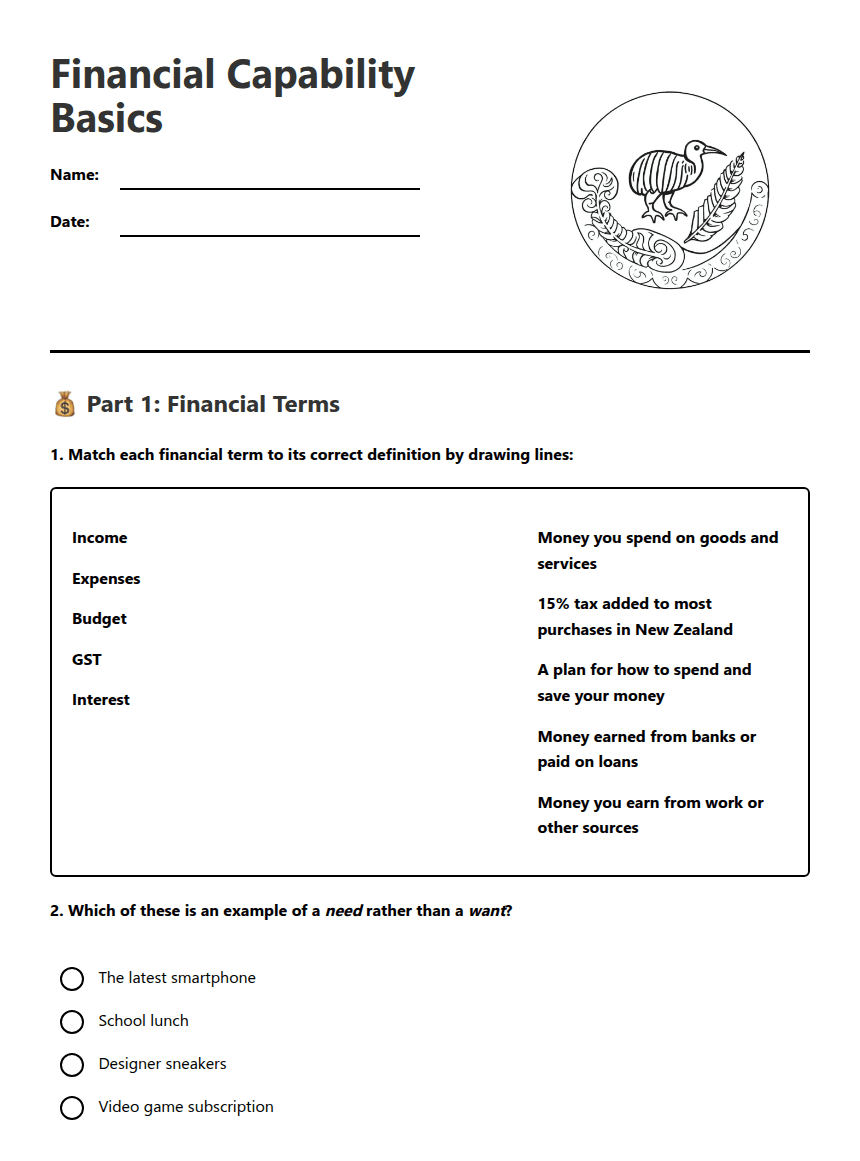 Financial Capability Basics worksheet preview