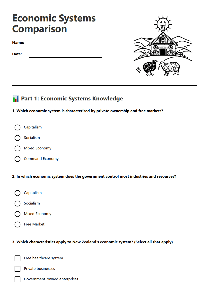 Economic Systems Comparison worksheet preview