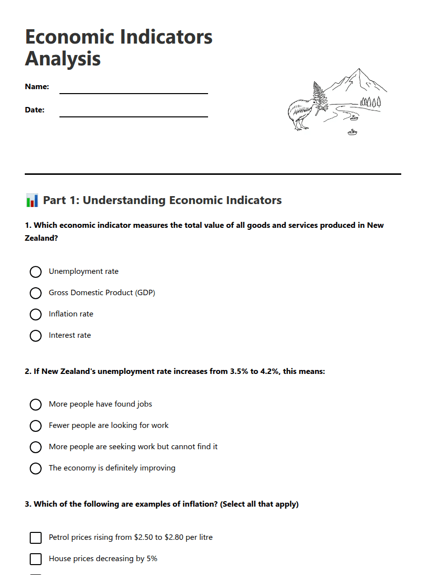 Economic Indicators Analysis worksheet preview
