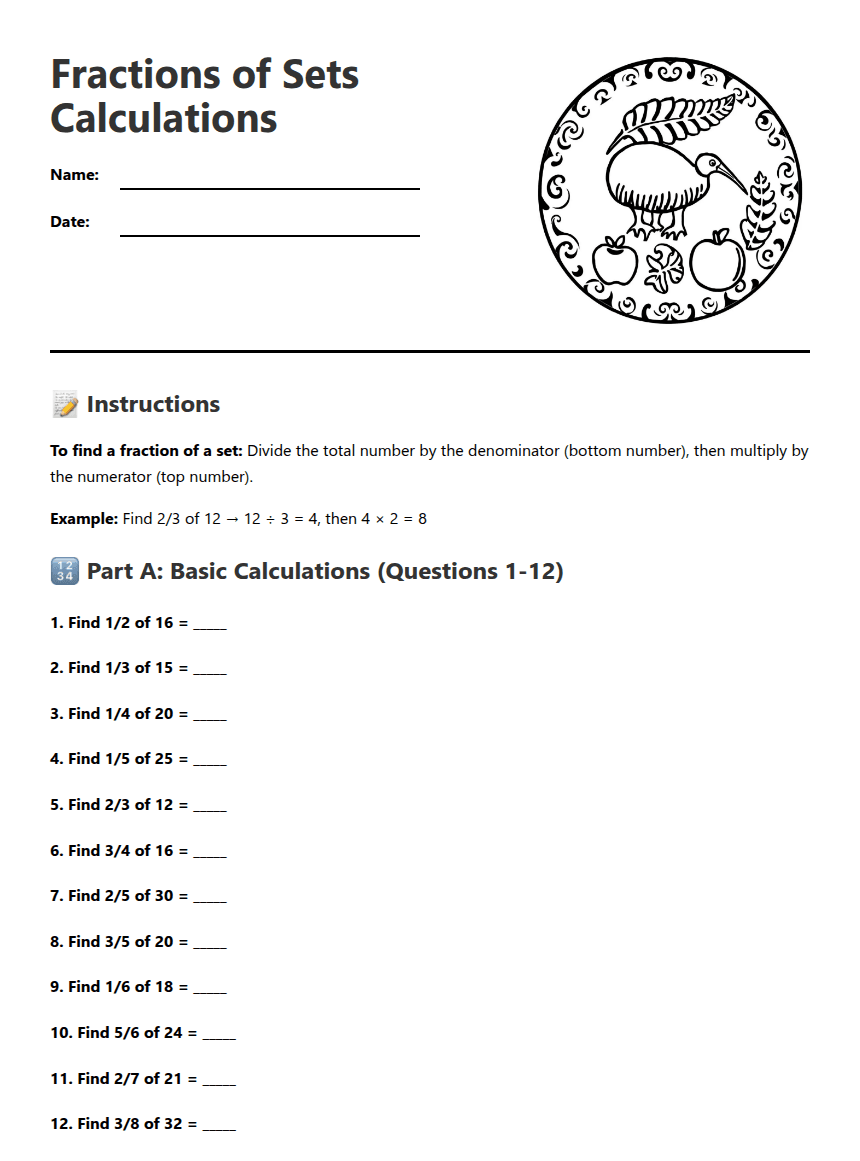 Fractions of Sets Calculations worksheet preview