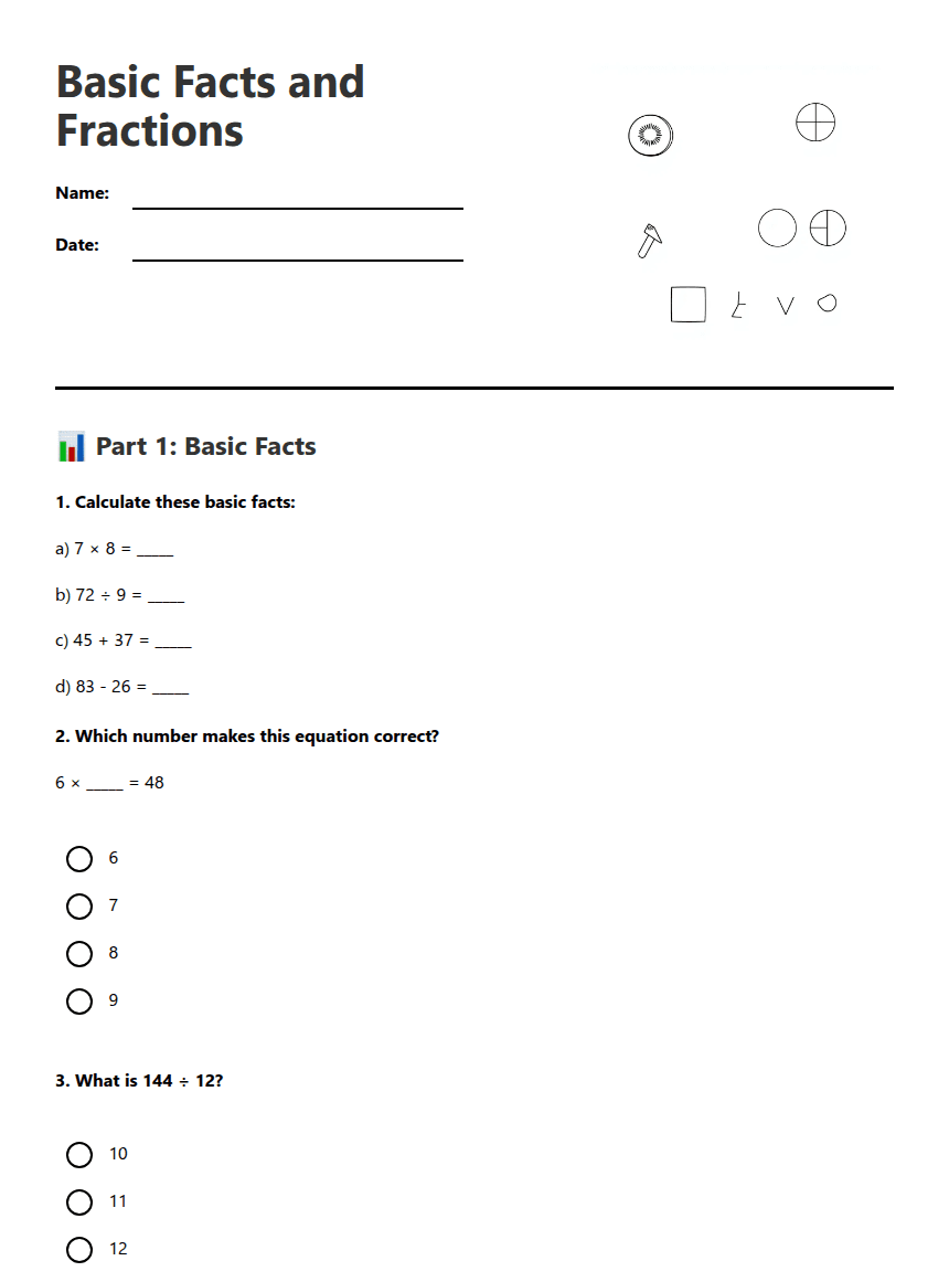 Basic Facts and Fractions worksheet preview