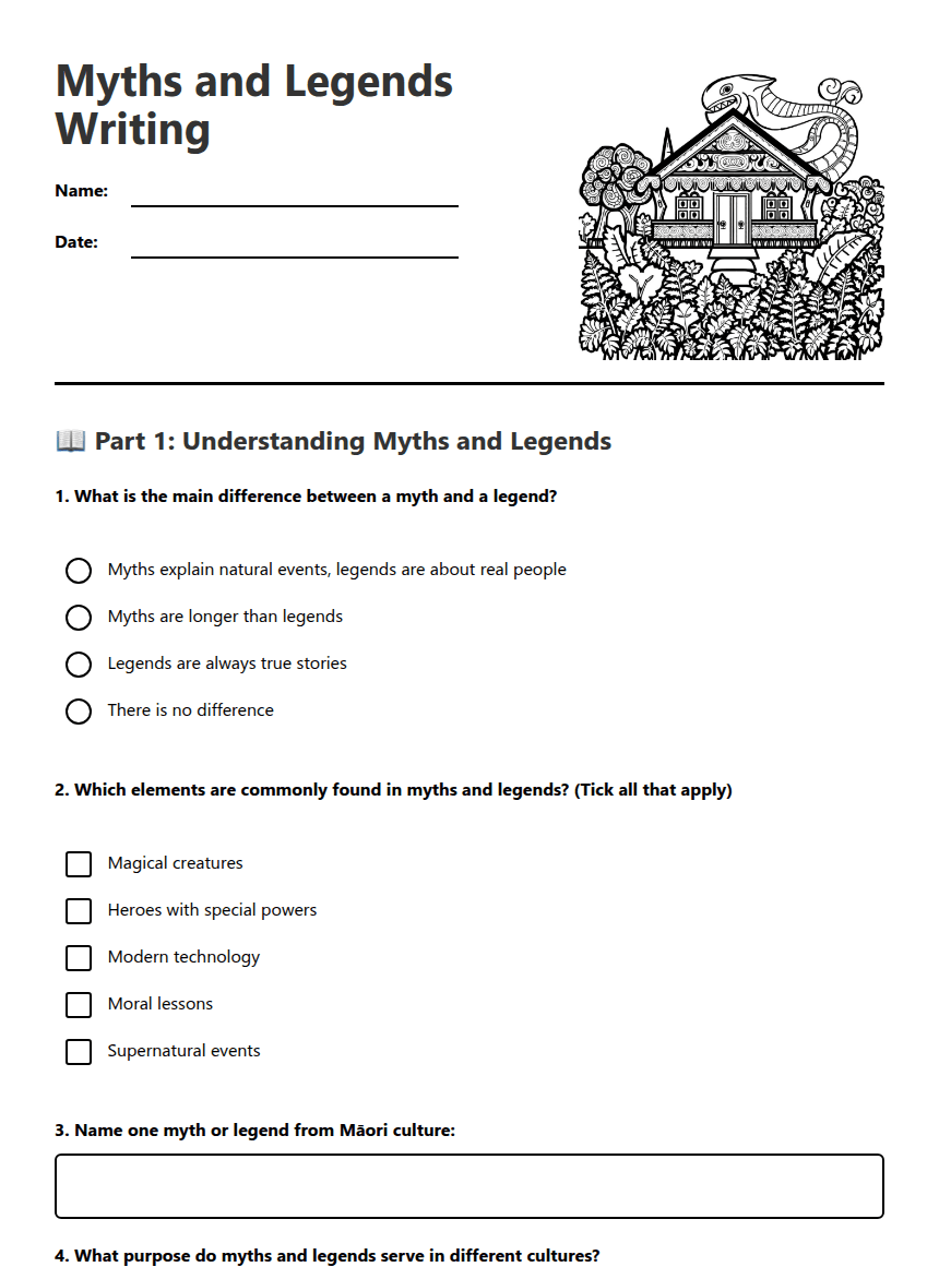 Myths and Legends Writing worksheet preview