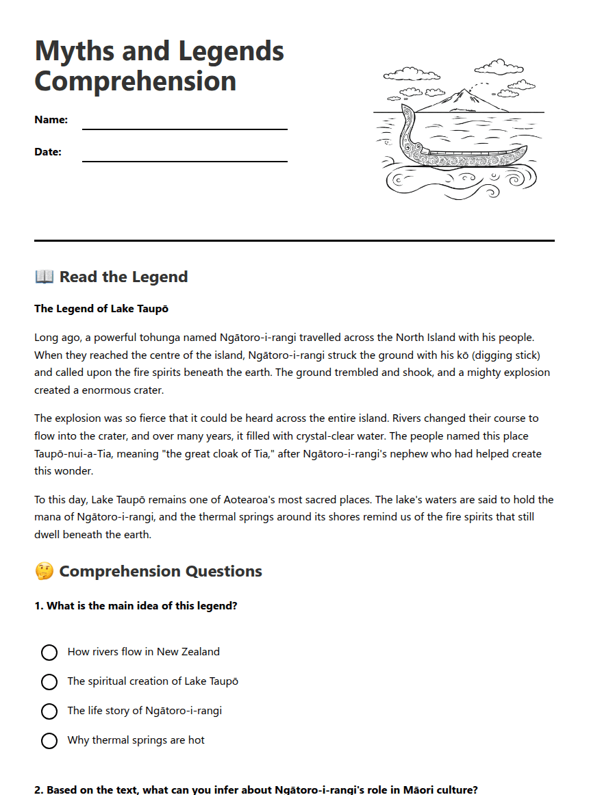 Myths and Legends Comprehension worksheet preview
