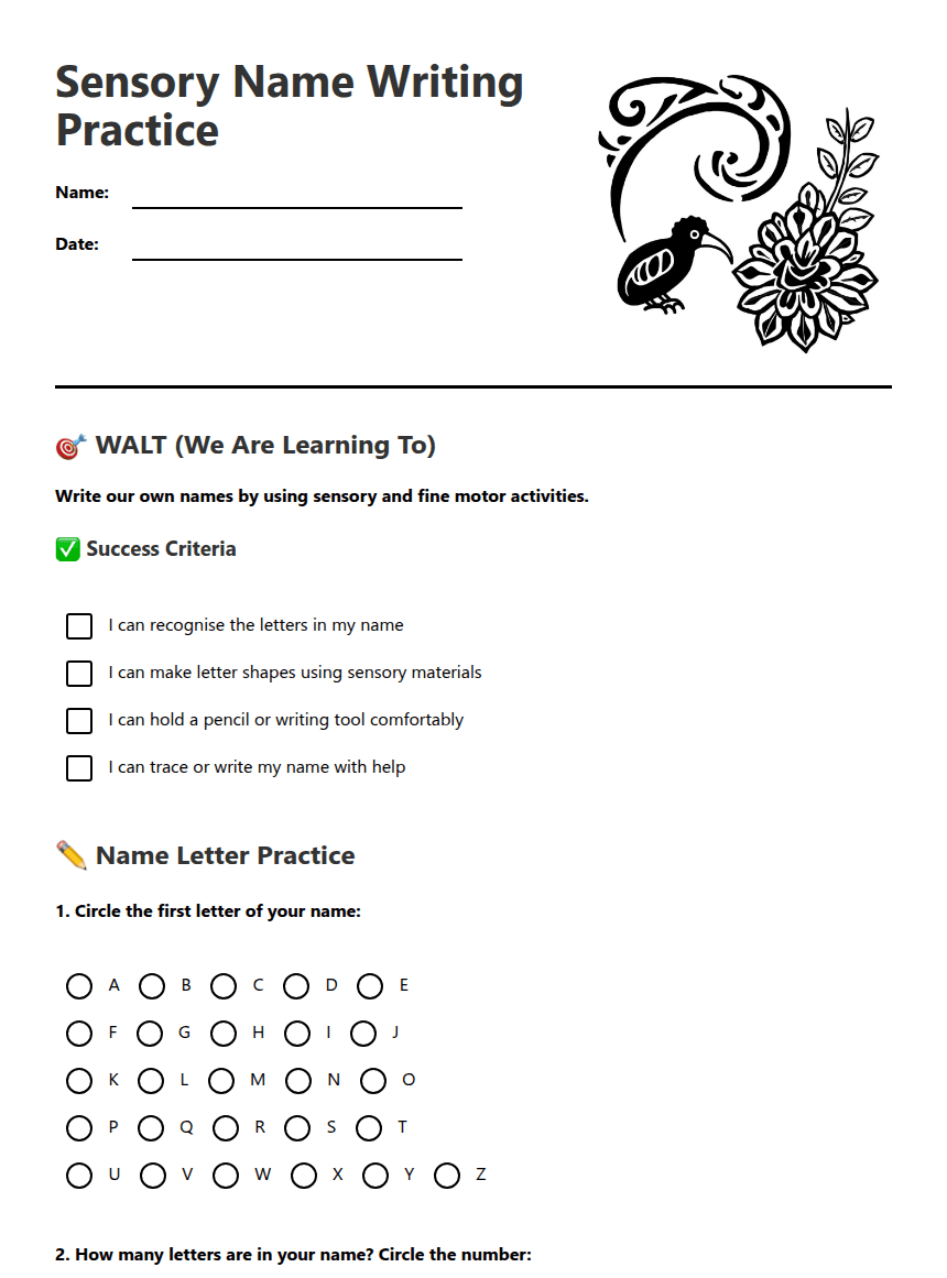 Sensory Name Writing Practice worksheet preview