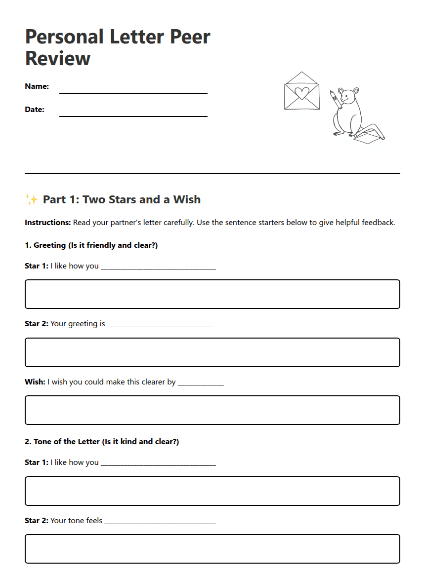 Personal Letter Peer Review worksheet preview