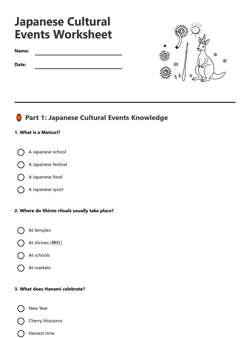 Japanese Cultural Events Worksheet worksheet preview