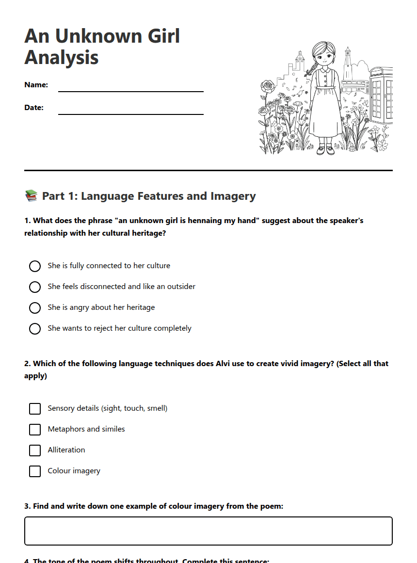 An Unknown Girl Analysis worksheet preview