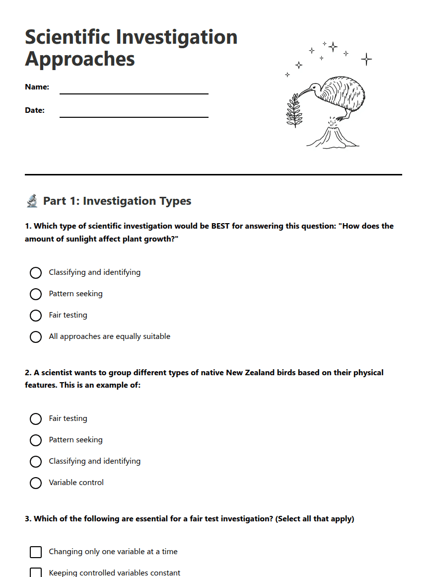 Scientific Investigation Approaches worksheet preview